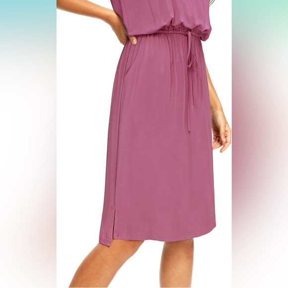 Womens Plain Solid Short Sleeve Casual Pockets Midi Dress with Belt Purple - Picture 6 of 9